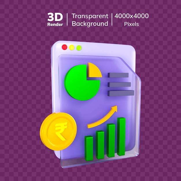 Análisis de acciones 3D Icon Pie Chart Gráfico de barras y moneda de la rupia india para información financiera