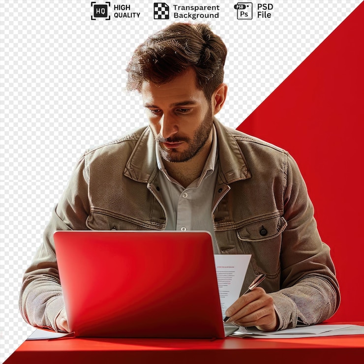 PSD análisis aislado de un hombre con barba y cabello marrones se sienta en una mesa roja mirando una computadora portátil roja con un bolígrafo negro y plateado lleva una chaqueta marrón y tiene una oreja pequeña png psd