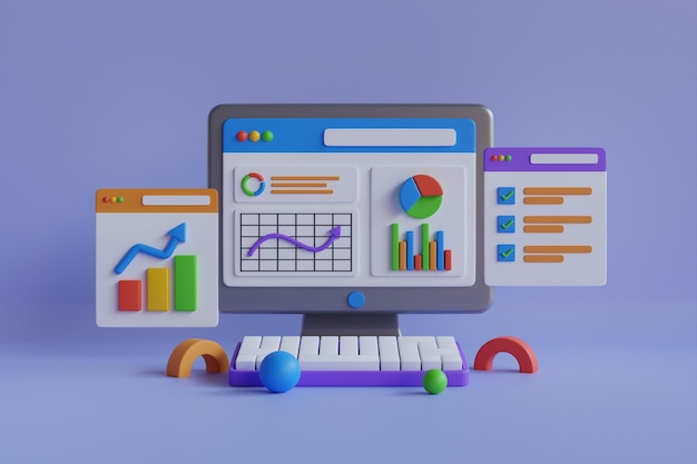 Análisis de datos automatizados en 3d, previsión financiera, investigación de mercado. concepto con computadora portátil