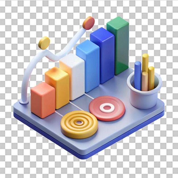 Análisis de datos isométricos mínimos estadísticas de crecimiento gráfico de finanzas optimización del mercado de valores para invertir en el desarrollo de negocios concepto planificación de objetivos ilustración de renderización 3D