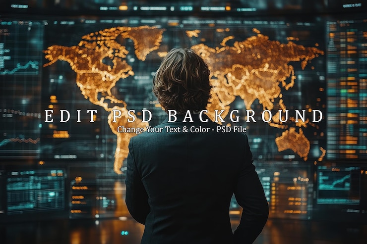 PSD analista de dados globais observando o mapa do mundo em um grande ecrã