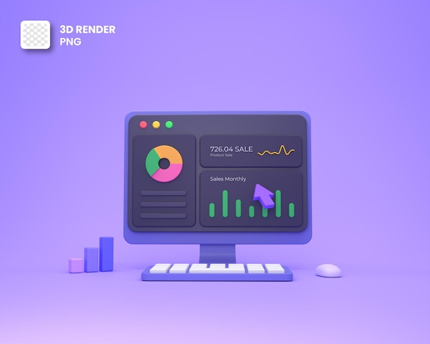 Analista di dati 3D Dashboard o report finanziario e marketing seo su desktop