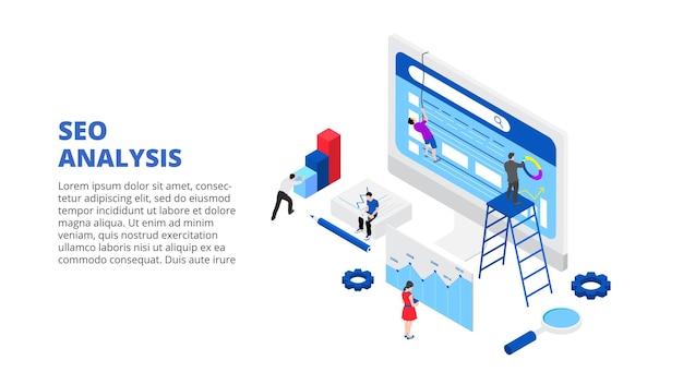 PSD analyses de référencement et concept de conception d'optimisation avec des personnes illustration isométrique