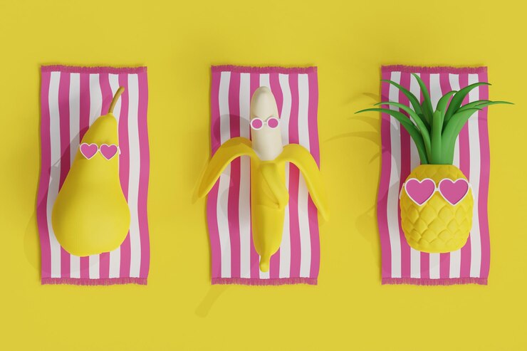 PSD ananás em copos em forma de coração, banana e pêra, personagens deitados na praia tomando banho de sol.