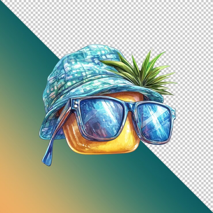 PSD ananas fresco in occhiali da sole e cappello a secchio illustrazione di frutta tropicale estiva