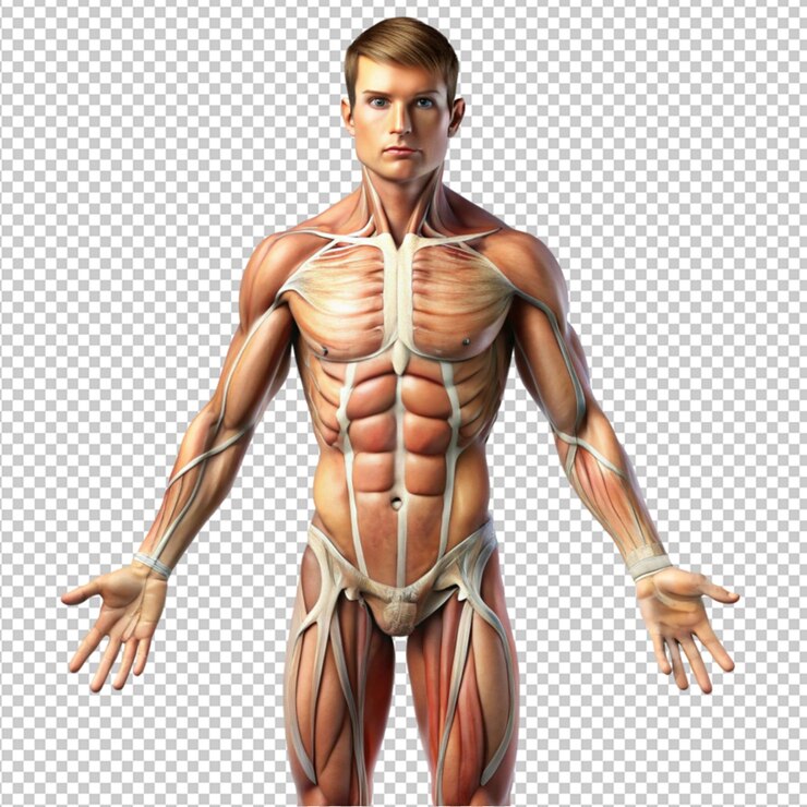 PSD anatomia do corpo de um jovem sem músculos em branco b