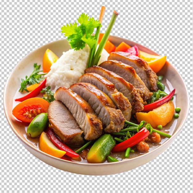 Anatra fritta asiatica con verdure e salsa di cocco sullo sfondo trasparente