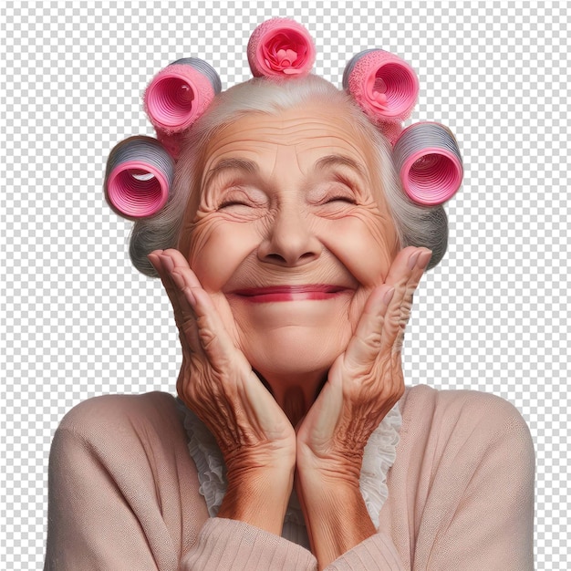 Una anciana con una cara redonda y su cara está sosteniendo sus manos hacia arriba