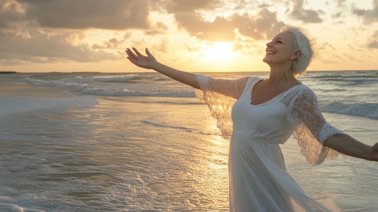 PSD una anciana feliz disfruta de la puesta de sol en la playa