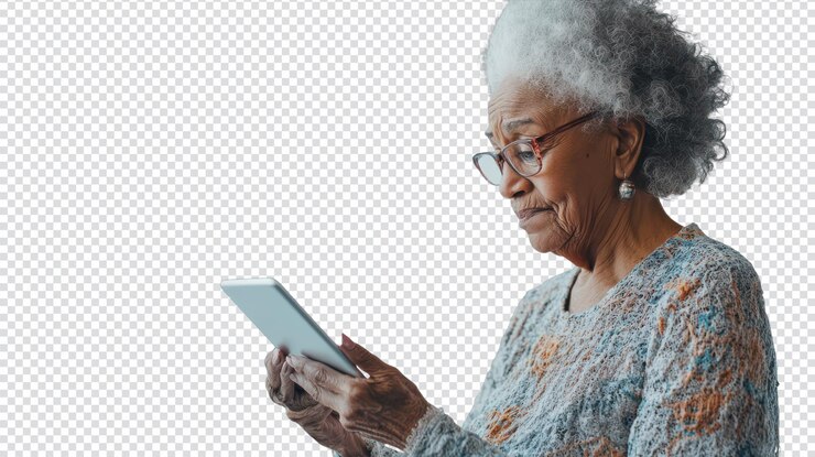 PSD una anciana se involucra con una tableta digital para conectarse y aprender