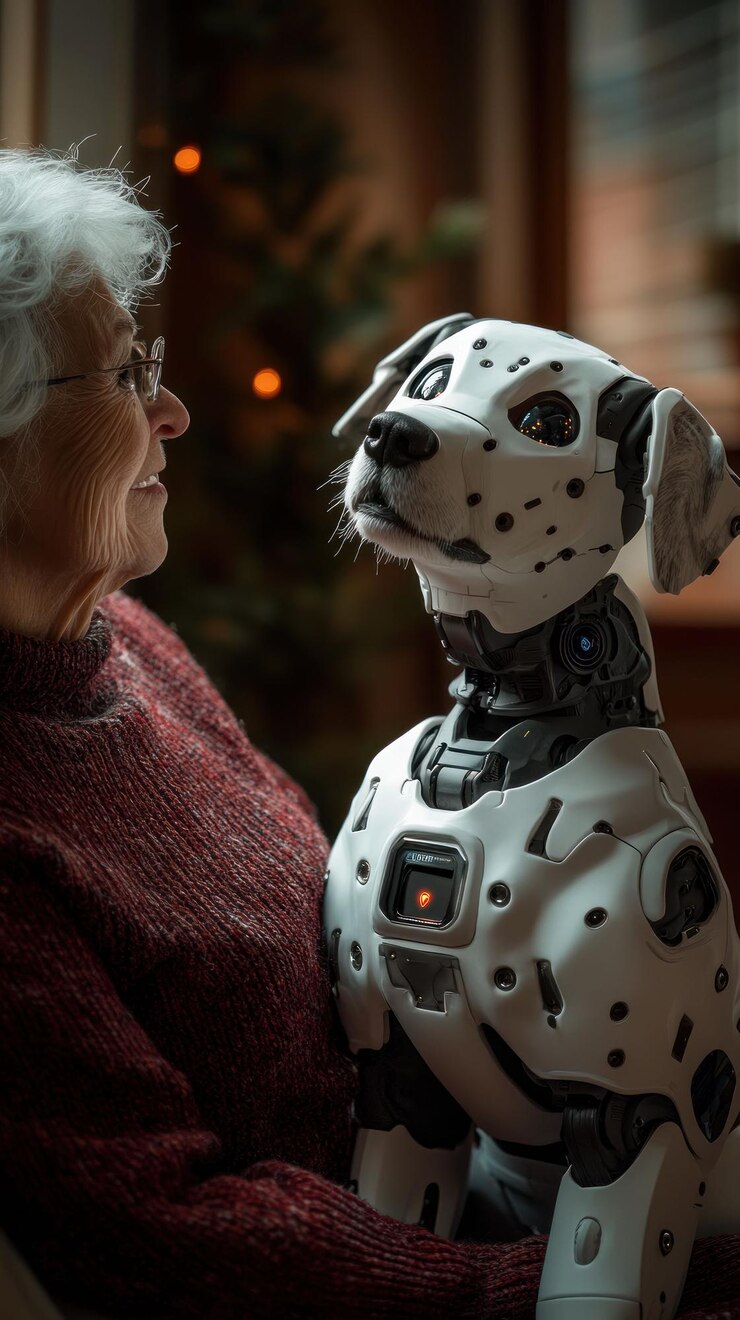 PSD una anciana sonríe a un perro robótico en su regazo el robot está diseñado para parecerse a un dálmata con manchas negras y un abrigo blanco