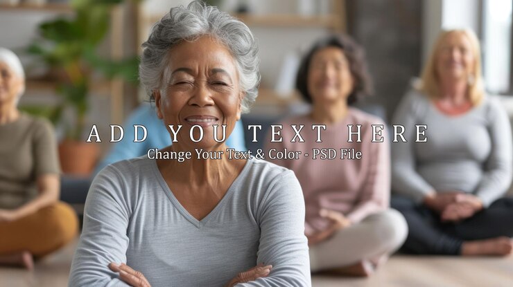 PSD una anciana sonriente en una clase de yoga