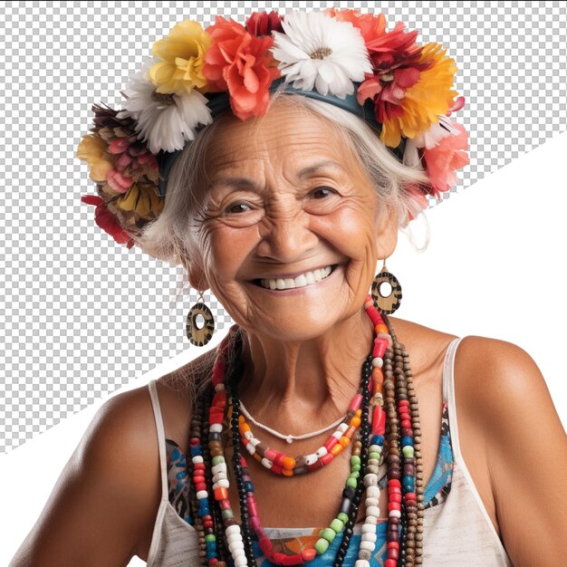 PSD una anciana con un tocado colorido con flores en la cabeza