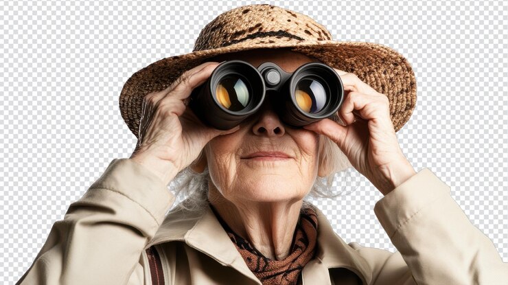PSD una anciana vestida con un traje de safari explorando el desierto mientras usa binoculares para observar la vida silvestre, perfecto para ilustrar aventuras al aire libre, experiencias de viaje y observación de la vida salvaje.