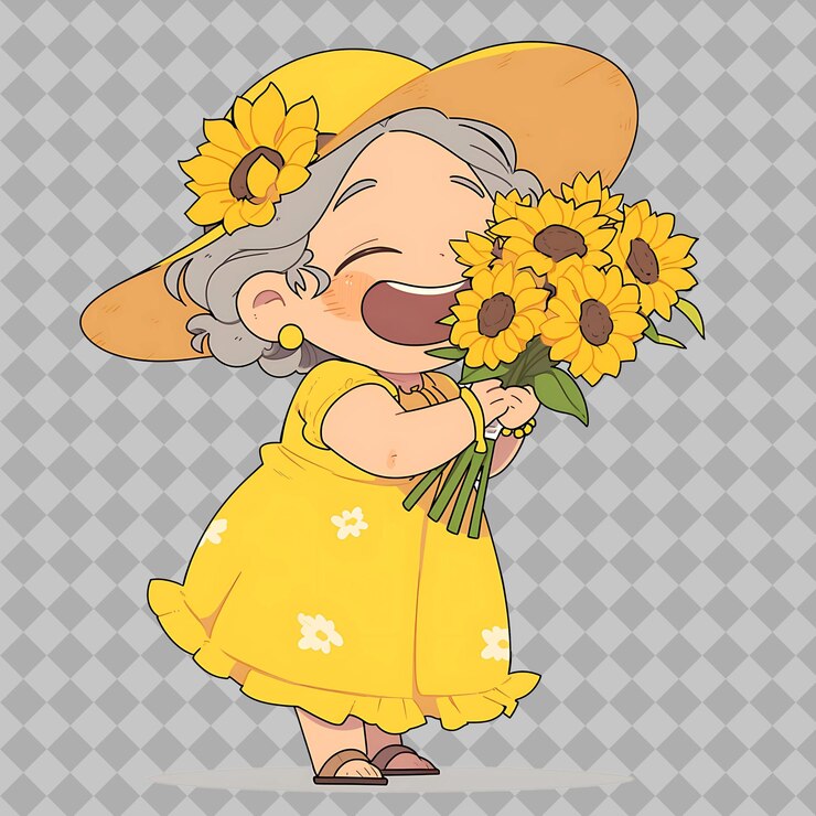 PSD una anciana con un vestido amarillo y un sombrero amarillo con un ramo de flores amarillas