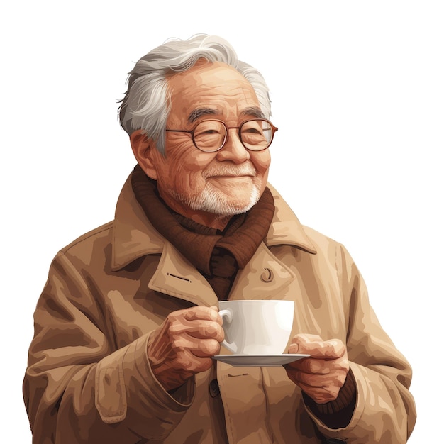Un anciano asiático bebiendo una taza de café aislada sobre un fondo transparente