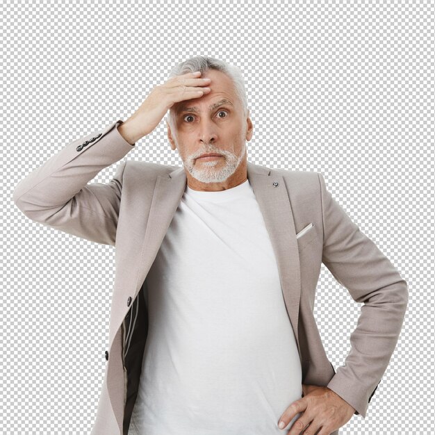 El anciano conmocionado y asustado toca la cabeza y parece ansioso.