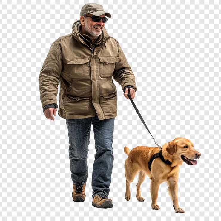 PSD un anciano feliz paseando con su golden retriever