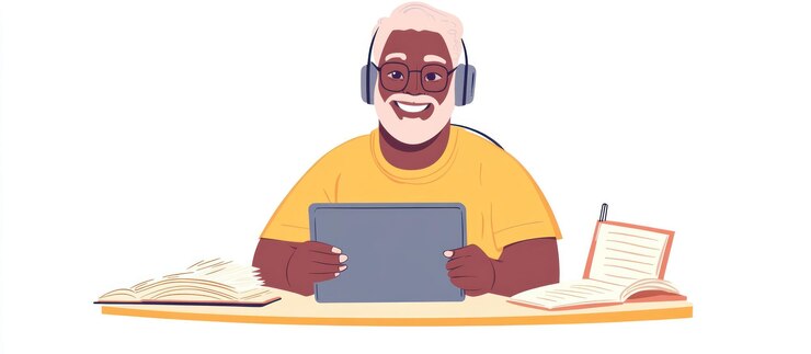 PSD un anciano feliz usando una tableta para el aprendizaje en línea
