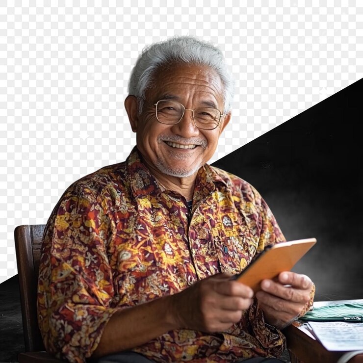 PSD un anciano feliz usando una tableta