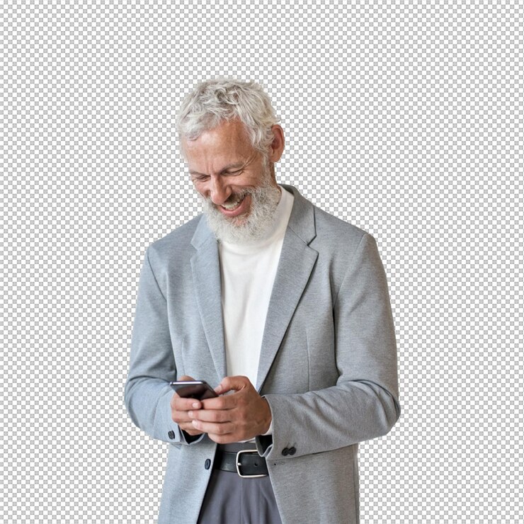 PSD un anciano feliz usando un teléfono inteligente