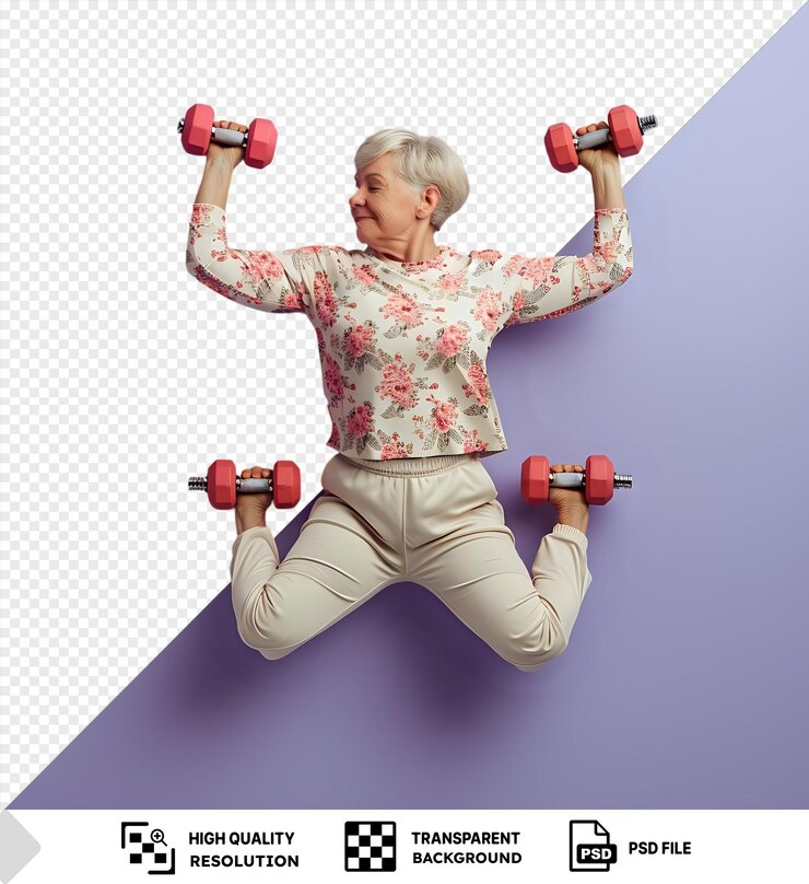 PSD el anciano realiza ejercicios de fitness con patineta contra un telón de fondo púrpura vibrante