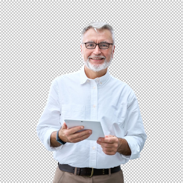 PSD un anciano sonriente con una tableta en la mano