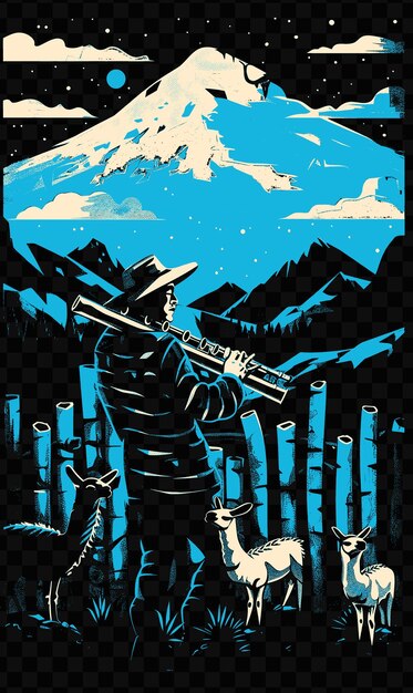 PSD andean pan flute player performing in a mountain landscape w dia mundial da música poster banner cartão postal