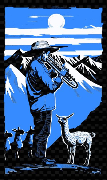 PSD andean pan flute player performing in a mountain landscape w ilustração vetorial ideia de cartaz musical