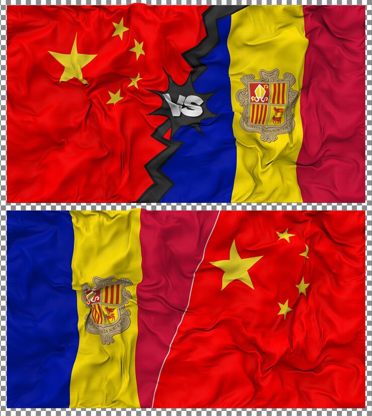 PSD andorra contra china media bandera combinada con textura 3d de la tela de la bandera