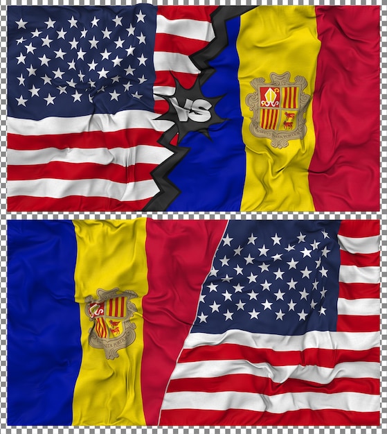 Andorra contra los Estados Unidos Media bandera combinada Tela textura de golpe Relación bilateral Renderizado en 3D