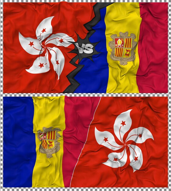 Andorra contra Hong Kong Media bandera combinada con textura 3D de la tela de la bandera