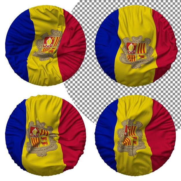 Andorra-Flagge, runde Form, isoliert, unterschiedlicher wehender Stil, Bump-Textur, 3D-Rendering