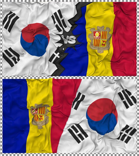 Andorra gegen Südkorea Halbkombinierte Flagge Stoff-Bump-Textur 3D-Rendering