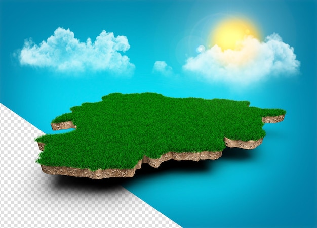 Andorra Karte Realistische 3D-Karte von Wolken Baum Sonnenstrahlen auf hellblauem Himmel 3D-Darstellung