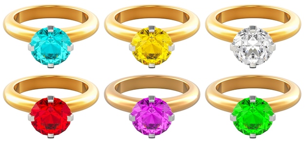 Anelli di fidanzamento d'oro con diverse pietre preziose rendering 3D isolati su sfondo trasparente