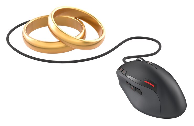 PSD anelli di nozze con il mouse del computer servizio di matrimonio online concetto di matrimonio online rendering 3d isolato su sfondo trasparente