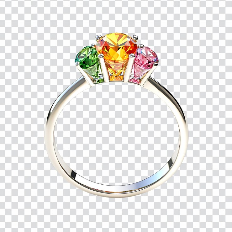 PSD anello d'argento con tre pietre preziose arancione verde rosa