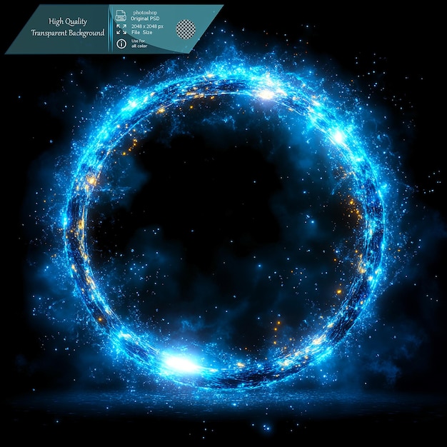 Anello luminoso blu con particelle volanti su sfondo trasparente