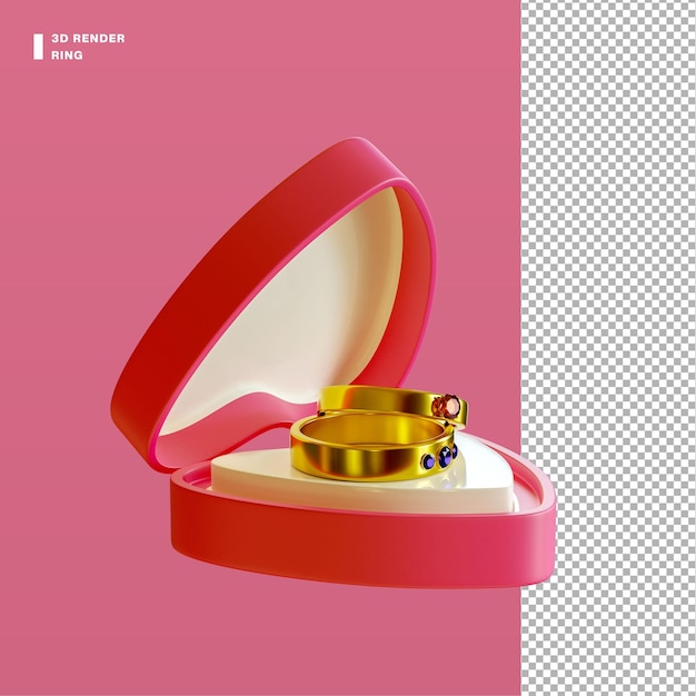 Anello nuziale 3d collocato in una scatola a forma di amore