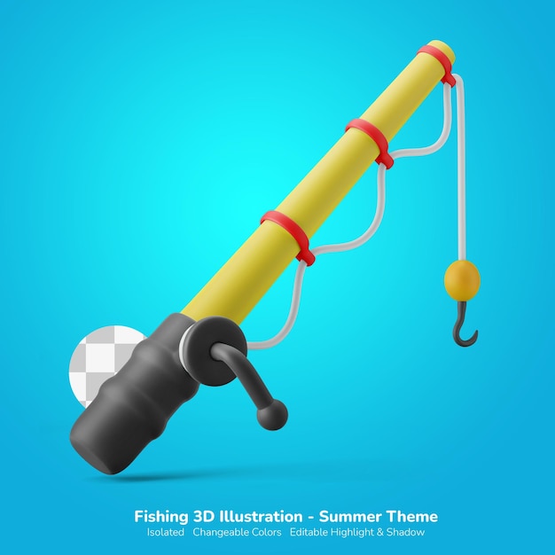 Angelrute pole tool sommerurlaub 3d-illustration 3d-symbol editierbare farbe isoliert