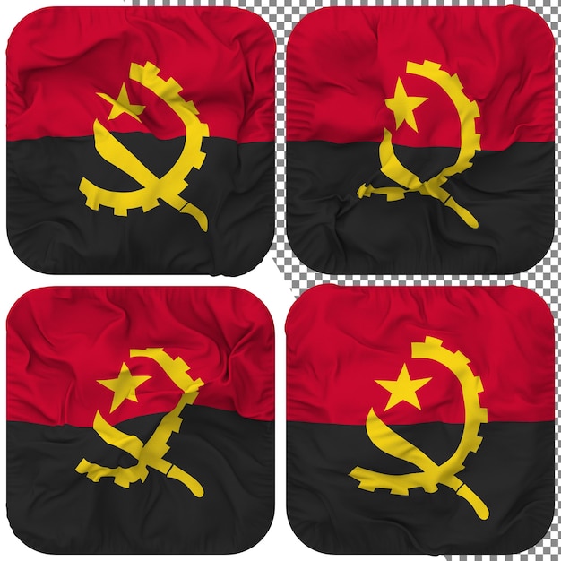 PSD angola-flagge, knappenform, isoliert, unterschiedlicher wehender stil, bump-textur, 3d-rendering