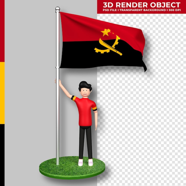 PSD angola-flagge mit niedlichen menschen-cartoon-figur. 3d-rendering.