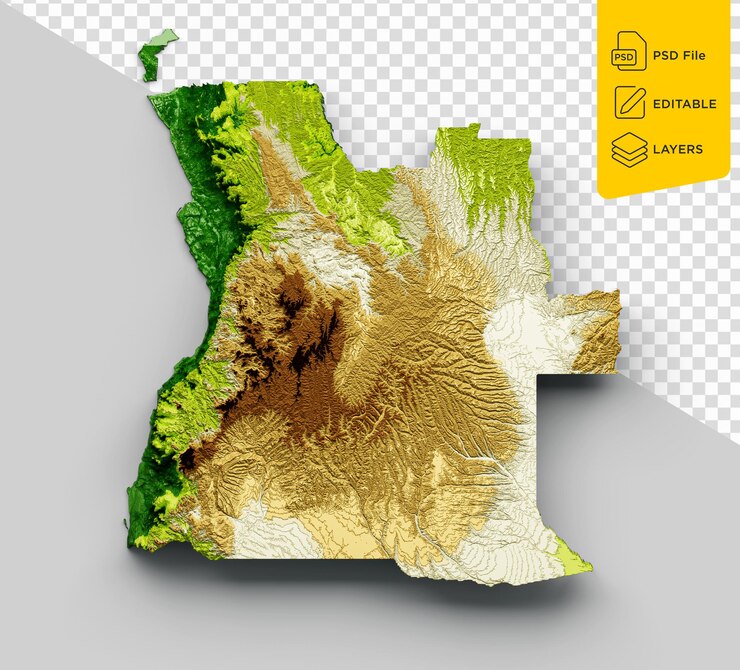 PSD angola map shaded relief color height map on isolated background 3d illustration