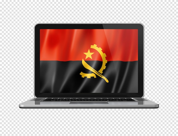 Angolanische flagge auf laptop-bildschirm isoliert auf weißer 3d-illustration