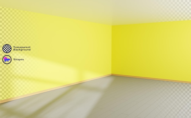 Angolo di stanza vuota 3D con texture di luce e ombra delle finestre Rendering realistico della prospettiva interna della casa con pavimento e soffitto a parete gialle Scena di sole estiva per ufficio o studio