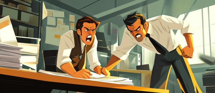 PSD angry businessmen arguing over paperwork in office