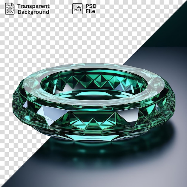 PSD un anillo de diamante verde brillante se sienta en una mesa que refleja la superficie circundante