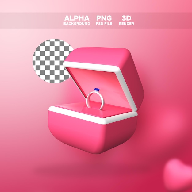 Anillo de diamantes de renderizado 3D para ilustración de diseño de San Valentín