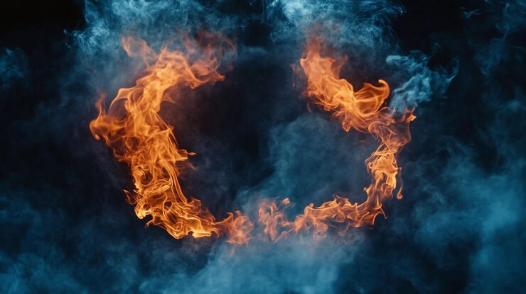 PSD un anillo de llamas ardientes y humo azul sobre un fondo negro.